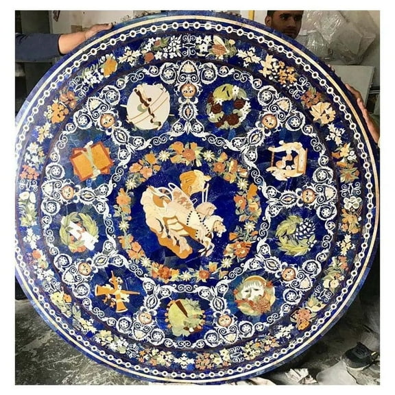 Elegant Round Pietra Dura Marble Dining Table Handcrafted Black Marble Base for Luxurious Hallways and Living Spaces