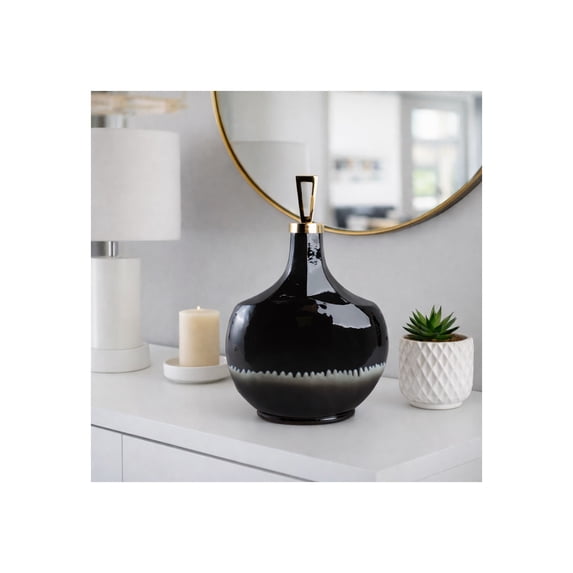 Elegant Rounded Bottle Form Glass Vase for Living Room Decor - Home Decor Accents with Metal Topper Detail - Decorative Glossy Flower Vase for Room, Bedroom, Office, and Table - 20", Black & Gold