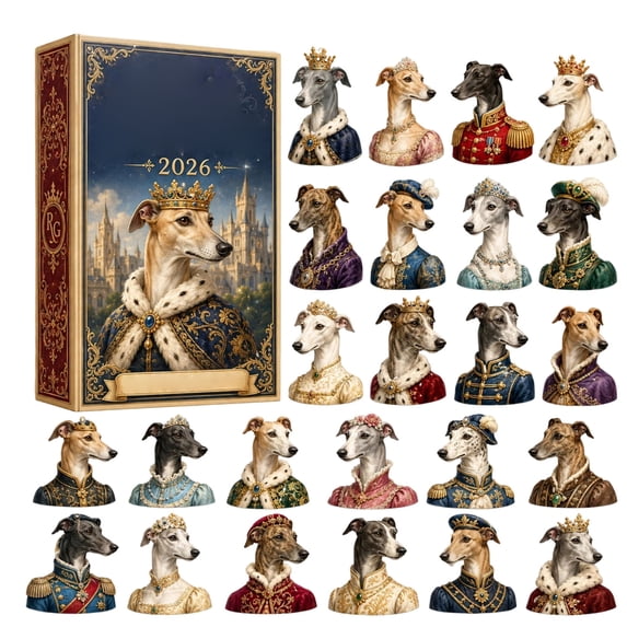 Elegant Royal Dogs Christmas Advent Calendar 2026, 24 Days Xmas Countdown Calendar with 2D Royal Greyhound Ornaments, Regal Christmas Tree Decorations, Xmas Gifts for Sighthound Dog Lovers