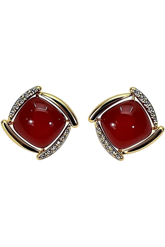 Elegant Ruby Stud Earrings with Crystal Accents, Gold-Plated Setting, Red Gemstone, Diamond-Style Frame[o640]