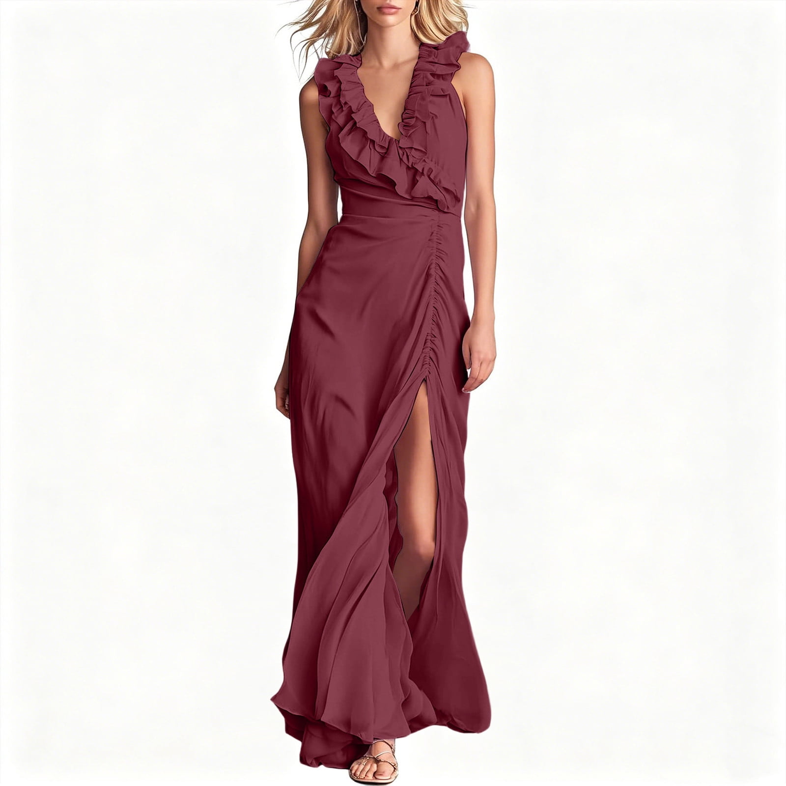 flowy dress with slit QIGUANDZ Elegant Ruffle V Neck Maxi for Women Summer Ruched High Vacation Beach Cocktail Dresses, Women's, Size: Large 8/7/2026