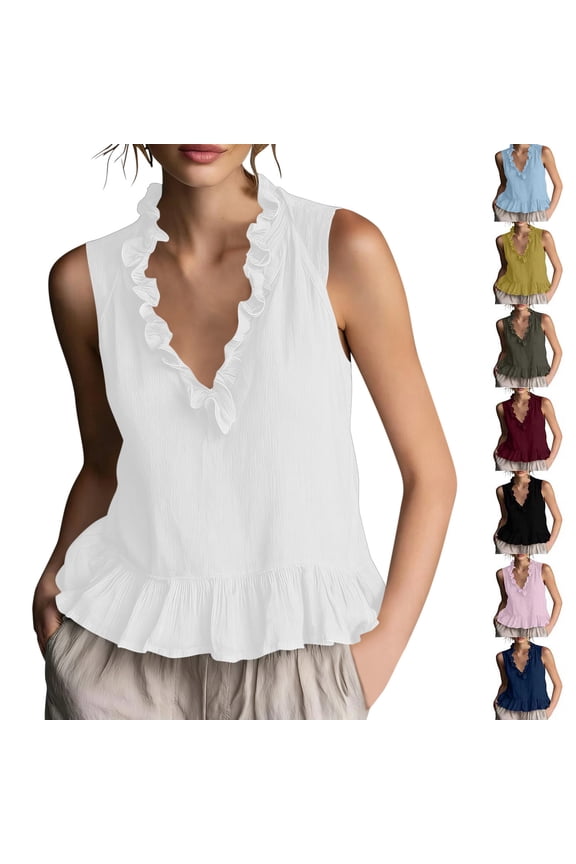 Elegant Ruffle V Neck Sleeveless Top for Women, Flowy Peplum Hem Casual Blouse Tank for Summer White M