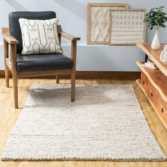 Elegant Rug Store Hand Woven Chunky Wool Loops Area Rug, Ivory/Off-White & Textured Beige 5X8FT