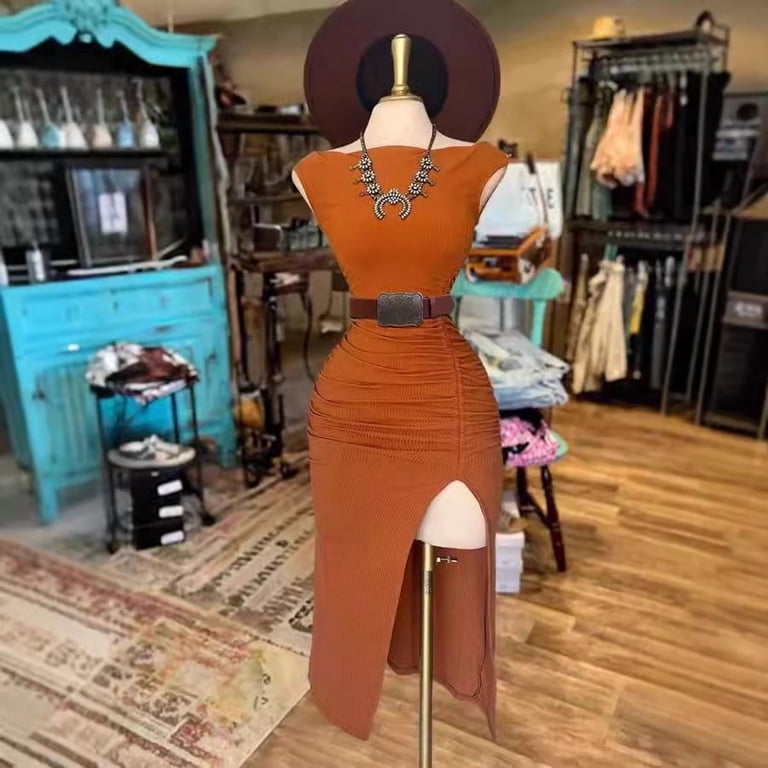 rust bodycon midi dress Zanvylia Elegant Rust Ribbed Ruched Bodycon Midi Dress for Women Boat Neck Sleeveless High Side Slit Western Inspired Party Dress Stretch Fabric Belt