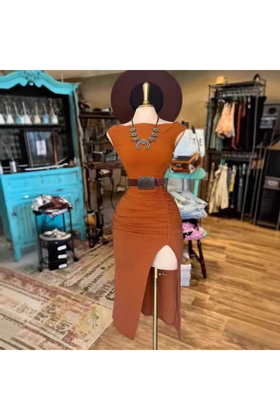 Elegant Rust Ribbed Ruched Bodycon Midi Dress for Women Boat Neck Sleeveless High Side Slit Western Inspired Party Dress Stretch Fabric Belt Compatible for Formal Events and Daily Wear