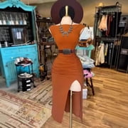 Elegant Rust Ribbed Ruched Bodycon Midi Dress for Women Boat Neck Sleeveless High Side Slit Western Inspired Party Dress Stretch Fabric Belt Compatible for Formal Events and Daily Wear