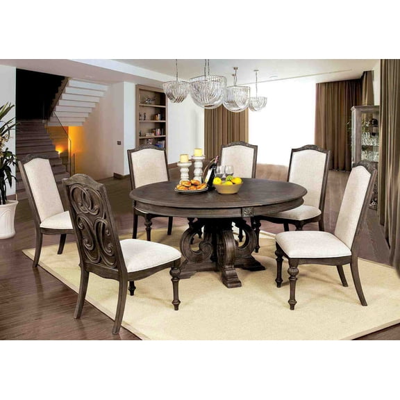 Elegant Rustic 7pc Dining Set Round Table And 6x Side Chairs Ivory Fabric Upholstered Seat Natural Tone