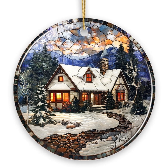 Elegant Rustic Winter Cabin Stained Glass Themed Ceramic Christmas Ornament, Vintage Tree Decoration