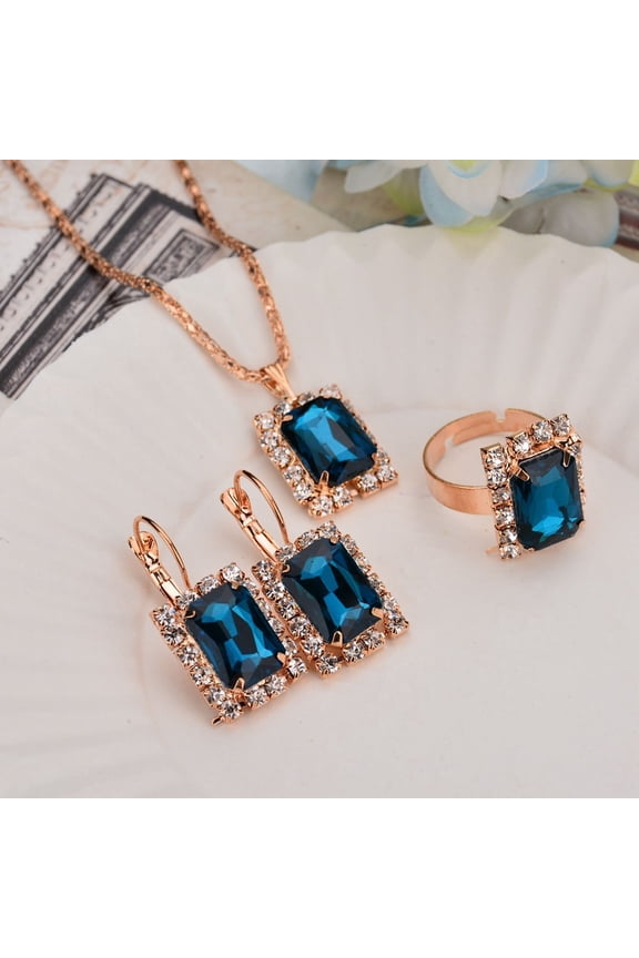 Elegant SAPPHIRE BLUE 3 pc Fashion Pendant Jewelry Set with Ring Wedding Jewelry Gift
