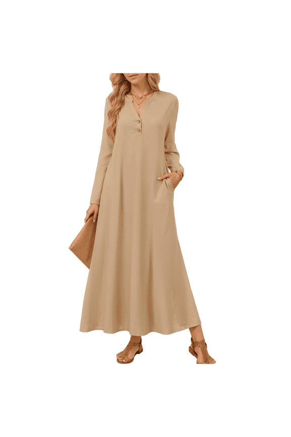 Elegant Sack Dress, Long Sleeve Loose Fit Shift Dress in Luxe Fabric, Minimalist Formal Dress for Weddings, Galas, and Sophisticated Events Khaki M