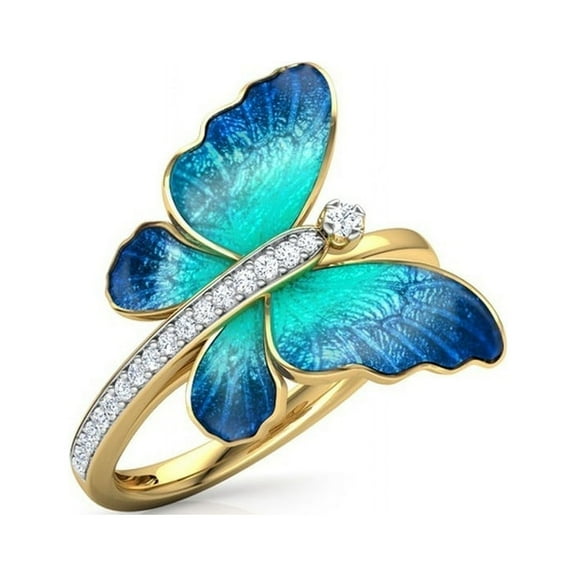 Exquisite Diamond Crystal Blue Green Butterfly Gold Ring