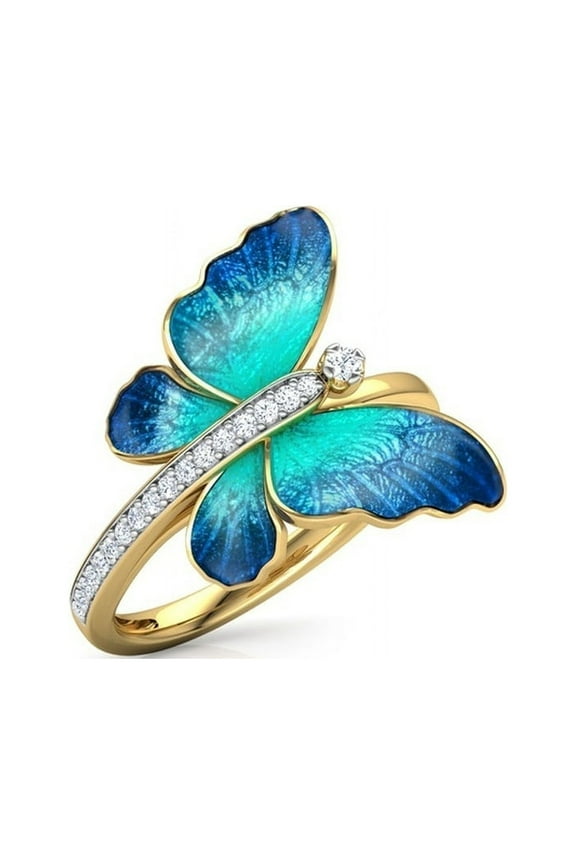 Exquisite Diamond Crystal Blue Green Butterfly Gold Ring