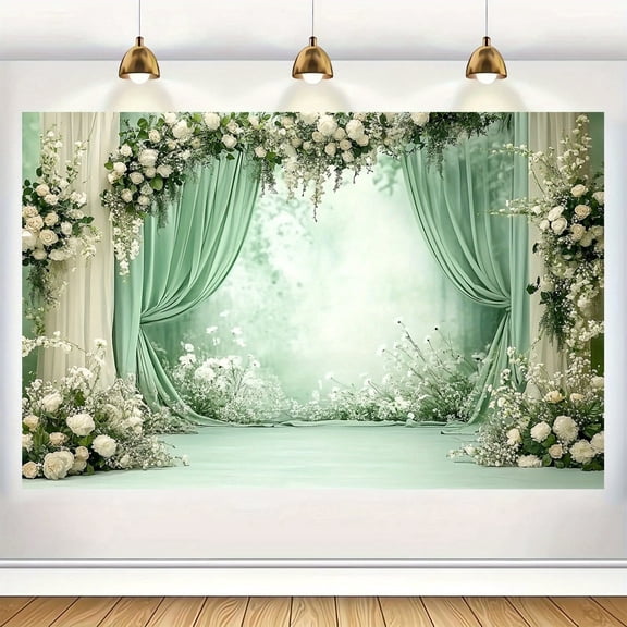 Elegant Sage Green Wedding Backdrop White Roses Bridal Shower Photography Background Green White Curtain Wedding Party Decorations Banner Supplies Photo Booth Props