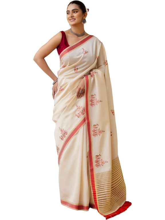 Elegant Saree with Woven Border and Embroidered Motifs - Traditional Soft Ethnic Saree with Blouse