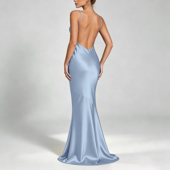 Elegant Satin Neck Strappy Backless Midi Dress for Everyday Casual Occasions with Adjustable Waist and Sophisticated, Blue, XS