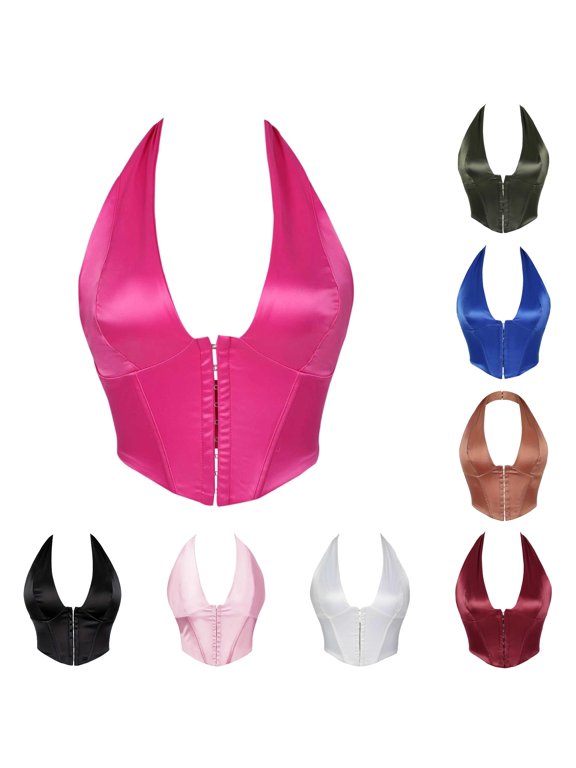 Elegant Satin Neckholder Bodice Shaping Top Without Cups Seamless Bodysuit for Home Leisure