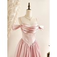 thumbnail image 1 of Elegant Satin Off Shoulder Dress With Pearl Trim In Pink, 1 of 6