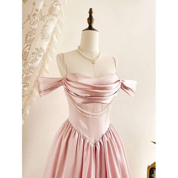 Elegant Satin Off Shoulder Dress With Pearl Trim In Pink
