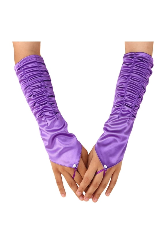 Elegant Satin Opera Long Stretch Elbow Evening Formal Party Gloves With Finger Opening And Decorative Ruffle