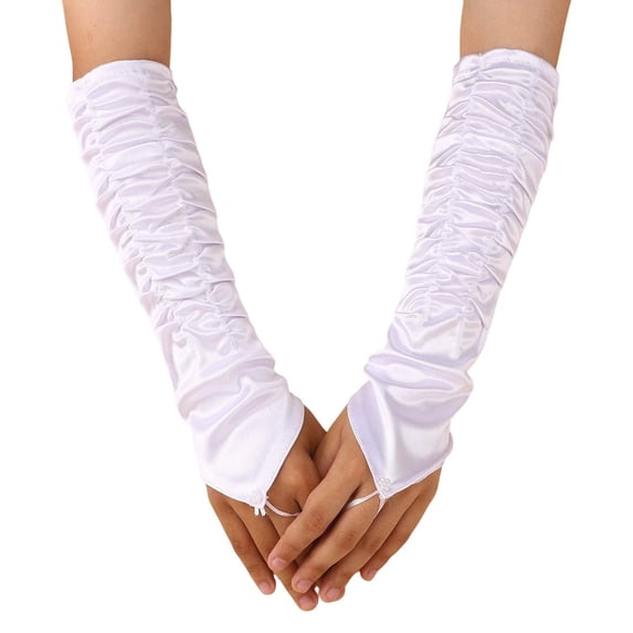 Elegant Satin Opera Long Stretch Elbow Evening Formal Party Gloves With Finger Opening And Decorative Ruffle
