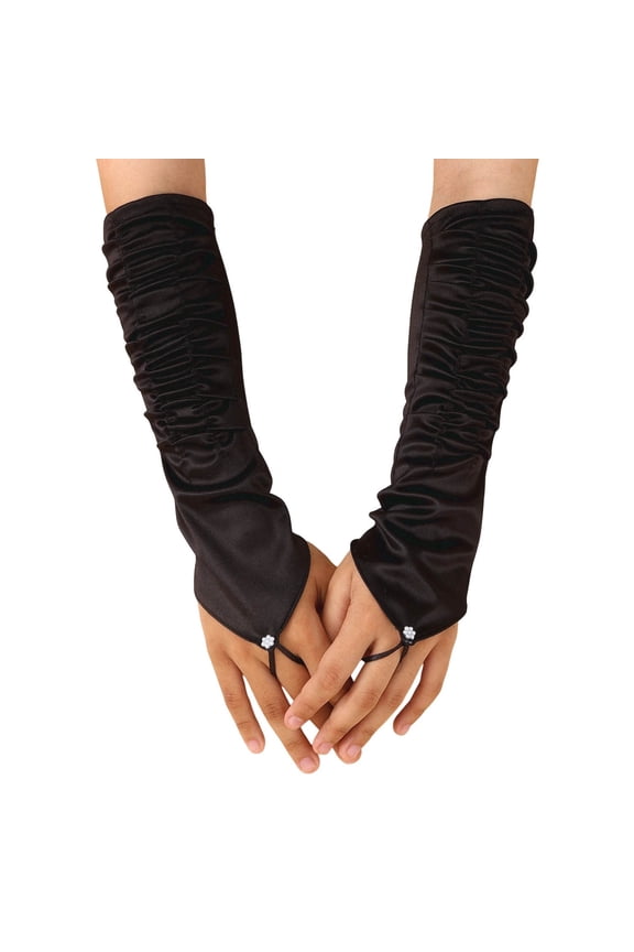 Elegant Satin Opera Long Stretch Elbow Evening Formal Party Gloves With Finger Opening And Decorative Ruffle