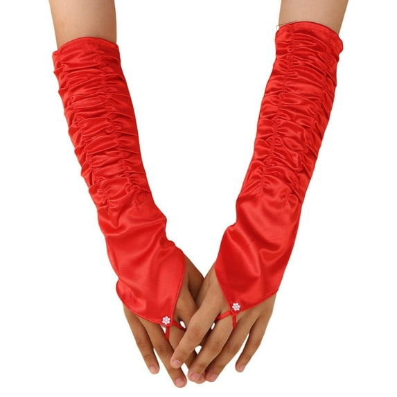 Elegant Satin Opera Long Stretch Elbow Evening Formal Party Gloves With Finger Opening And Decorative Ruffle