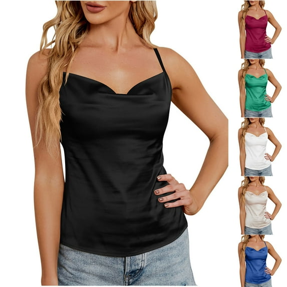 Elegant Satin Tank Tops for Women Sleeveles V Neck Sling Solid Silk Blouses Undershirt Black XL