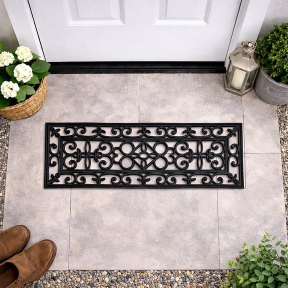 Elegant Scrollwork Rubber Door Mat - Weather-Resistant, Non-Slip, 30x10 Inches Low Profile Black
