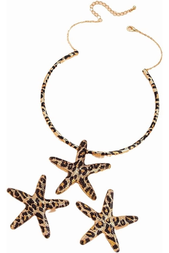 Elegant Sea Star Pendant Jewelry Set Leopard Print Necklace And Earrings Handmade Accessory For Fashion Enthusiasts[l589]