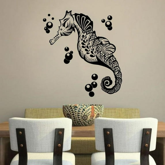 Elegant Seahorse Design Bubbles Underwater Silhouette Drawing Cartoon Vinyl Wall Decal Wall Sticker Wall Art Home Decoration Fun Home Decoration For Girls Boys Kids Room House Décor Size (40x40 inch)