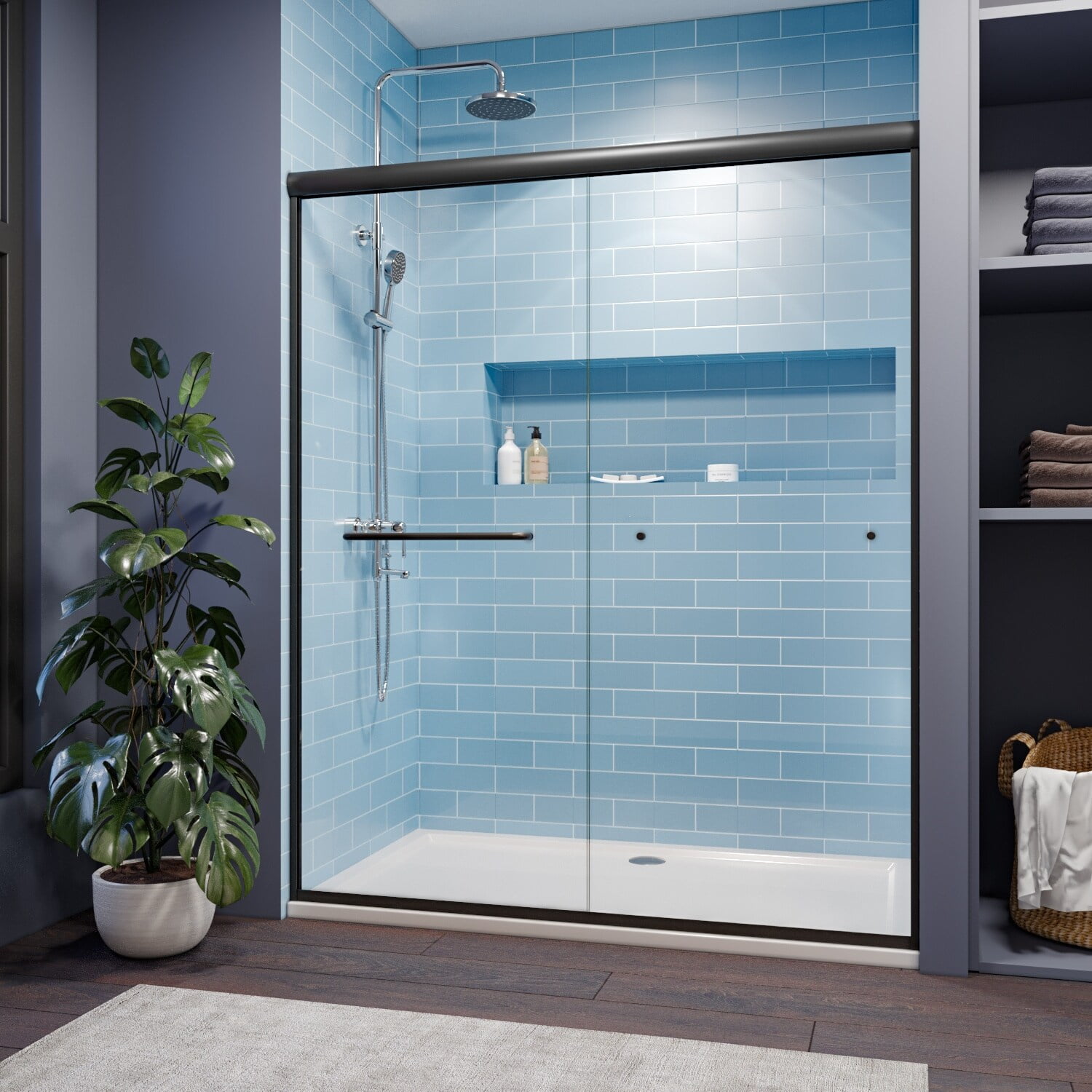 Elegant Black Matte Semi-Frameless Double Sliding Shower Door 60''W x 72''H