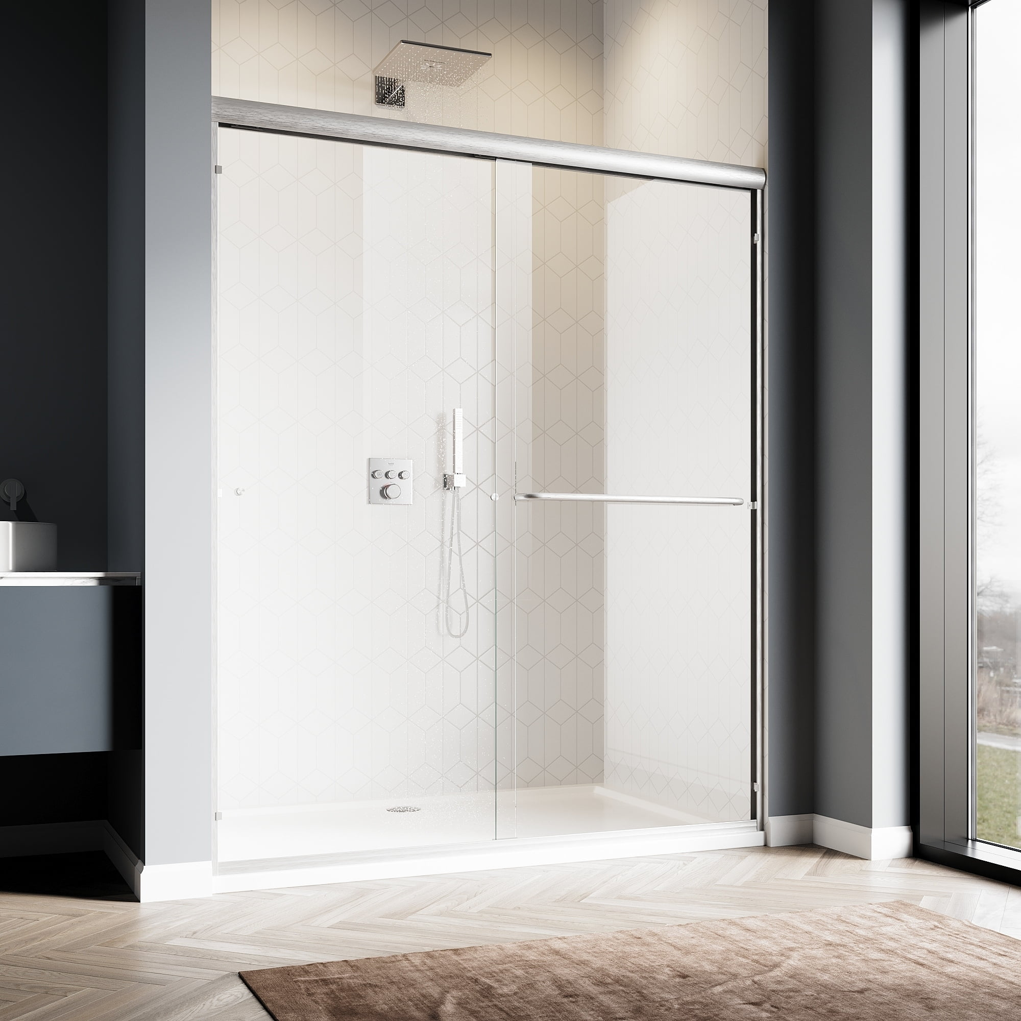 Brushed Nickel Semi-Frameless Double Sliding Shower Door 60''W x 72''H