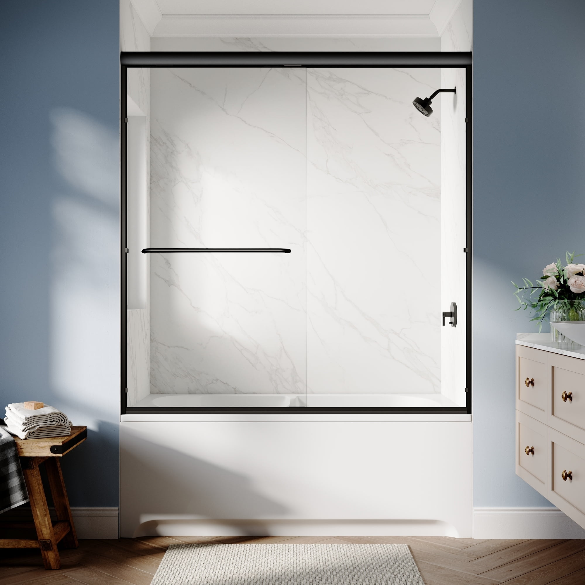Elegant Matte Black Semi-Frameless Sliding Shower Door with Clear Glass Panels