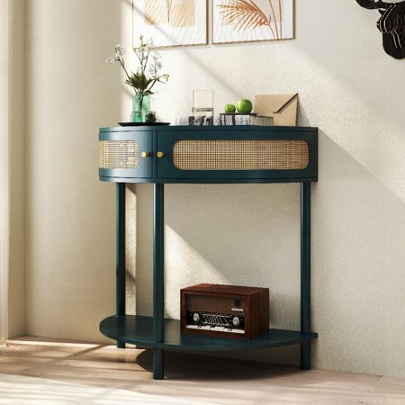 Elegant Semi-circle End Table with Sliding Rattan Door & Storage for Home Spaces (Green)