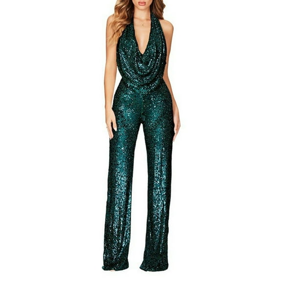 Elegant Sequin Jumpsuit Women's Formal Dress Sleeveless V-Neck Business Casual Evening Party Wear