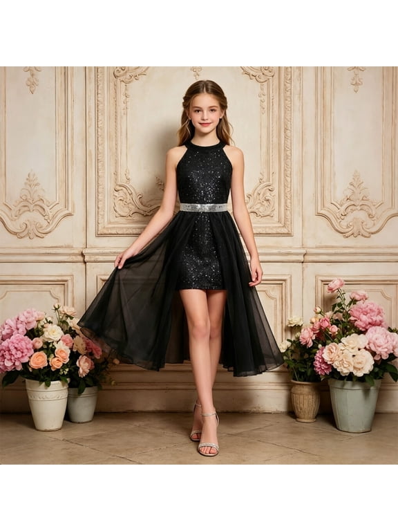 Elegant Sequin Party Dress for Girls with High Waist and Sophisticated Neckline Ideal for Young Ladies Events