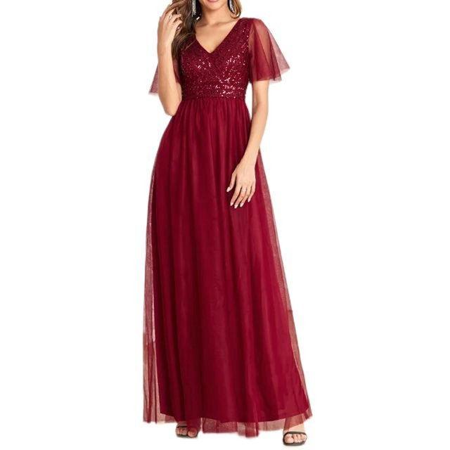 Elegant Sequins Long Bridesmaid Party Dress Red Patchwork Mesh Bodycon