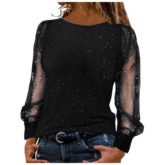 Elegant Sequins Top Black Blouse for Women Festive Party and Evening Wear,Black,3XL