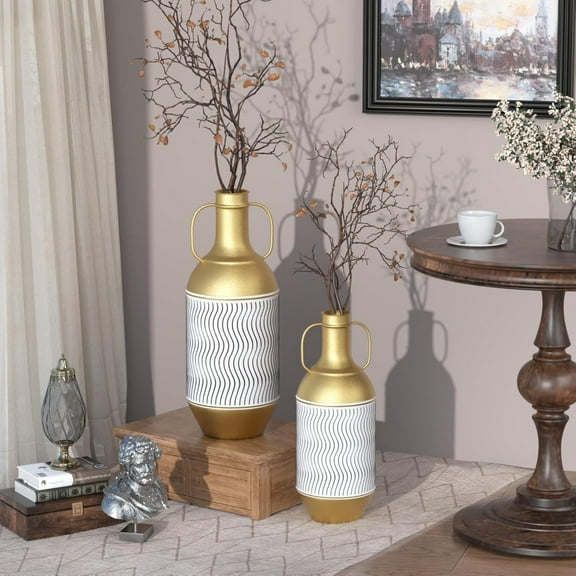 Elegant Set of 2 Gold Floor Vases - 22in & 17.75in Tall White and Gold Vases for Living Room Decor, Perfect for Home Interior, Large Decorative Floor Vases to Enhance Your Space Elegantly.