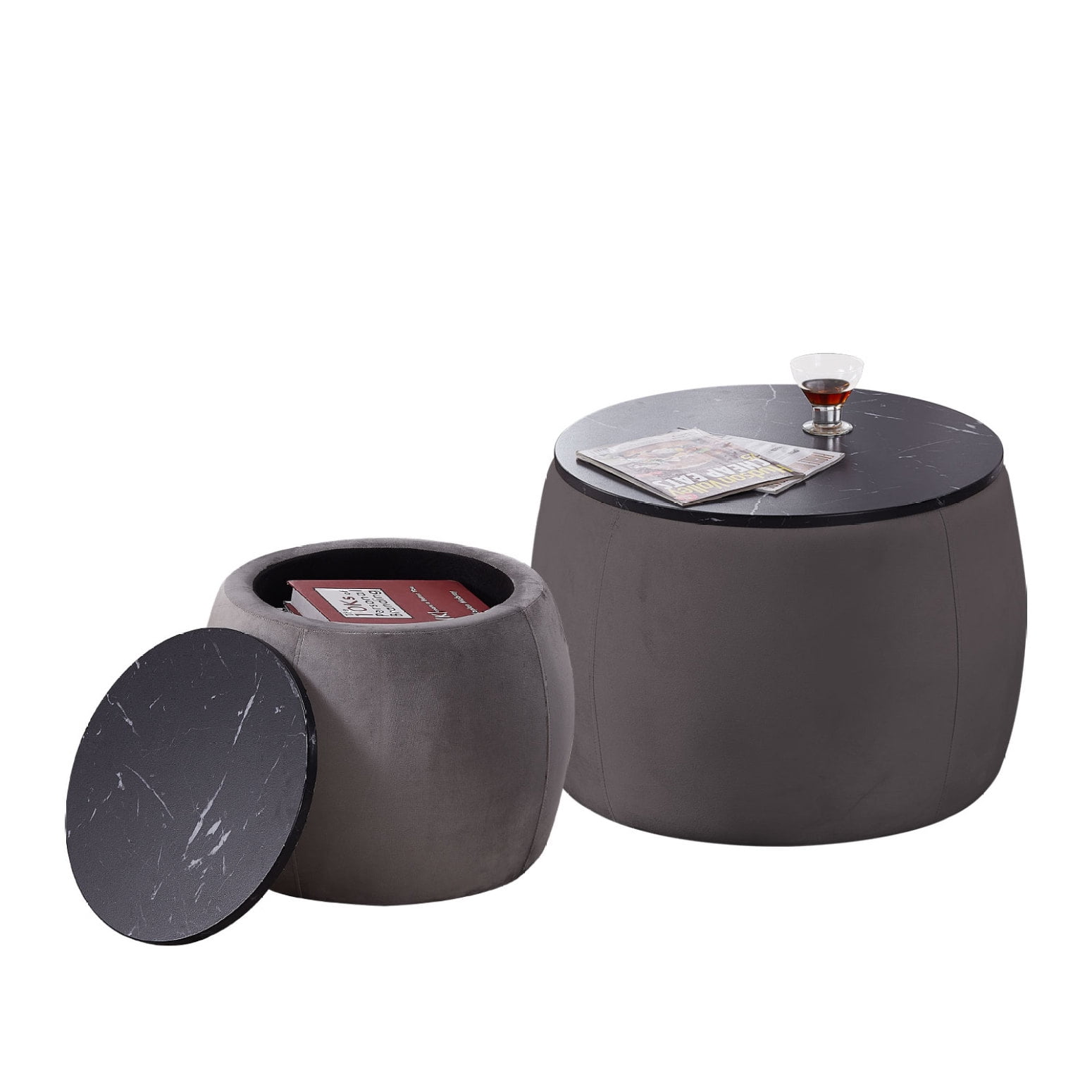 Elegant Set of 2 Grey Nesting End Tables with Storage Round Side