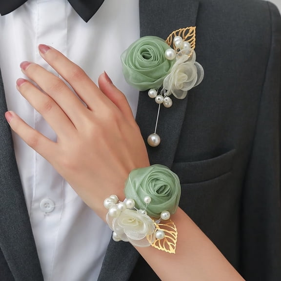 Elegant Set of 2 High-End Rose Flowers with Beads - Perfect Corsage and Wrist Flower for Weddings, Engagements, and Special Occasions