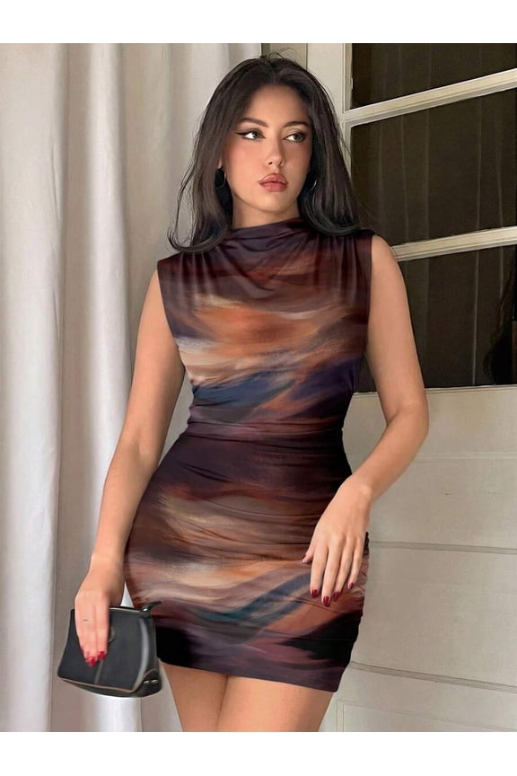 Elegant Sexy Brown Textured Print Ruched Bodycon Mini Dress for Spring