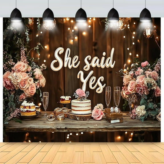 Elegant 'She Said Yes' Wedding Anniversary Banner - Vintage Style Party Decoration with Floral & Cake Design, Perfect for Indoor/Outdoor Celebrations, Polyester Material, Romantic Party Backdrop