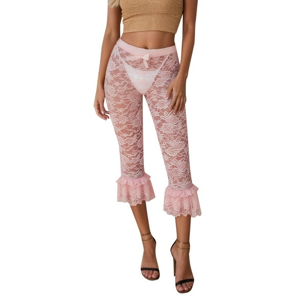 Elegant Sheer Cropped Pants with Lace Embellishment for Women's Casual Wear Loose Fit Lounge Comfy Fall Winter Trousers