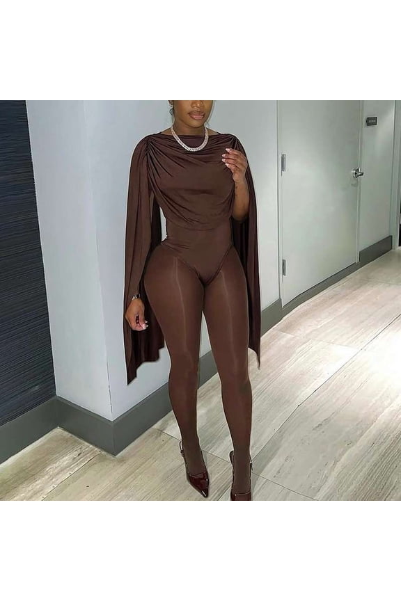 Elegant Sheer Jumpsuit with Caped Sleeves (M, Brown)