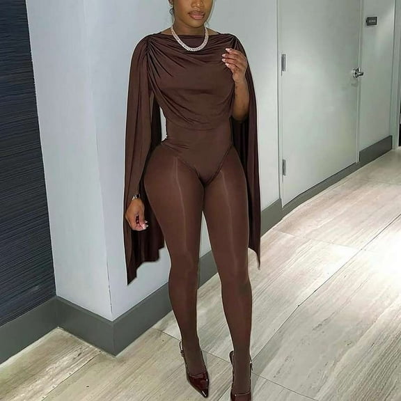 Elegant Sheer Jumpsuit with Caped Sleeves (S, Brown)