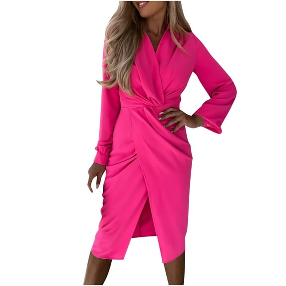 Elegant Shirt Dress for Women Fall Fashion 2022 Twist Split V Neck Collared Knee Length Dress Business Casual