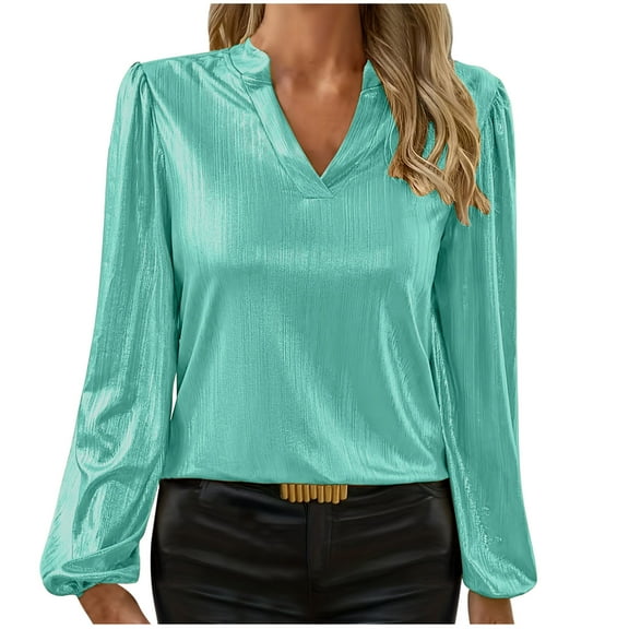Elegant Shirts for Women 2025 Dressy Blouses Lantern Long Sleeve V Neck Metallic Party Blouse Top