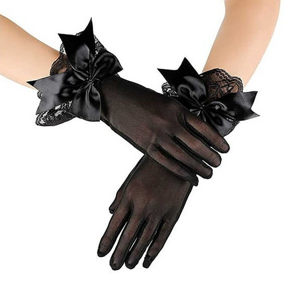 Elegant Short Lace Mesh Gloves with Delicate Bow Border for Wedding Opera and Tea Party Events Size:One Size