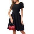 thumbnail image 1 of Elegant Short Sleeve Pleated Swing Round Neck Solid Color Loose Dress Women Casual Party Evening Gown Black L, 1 of 5